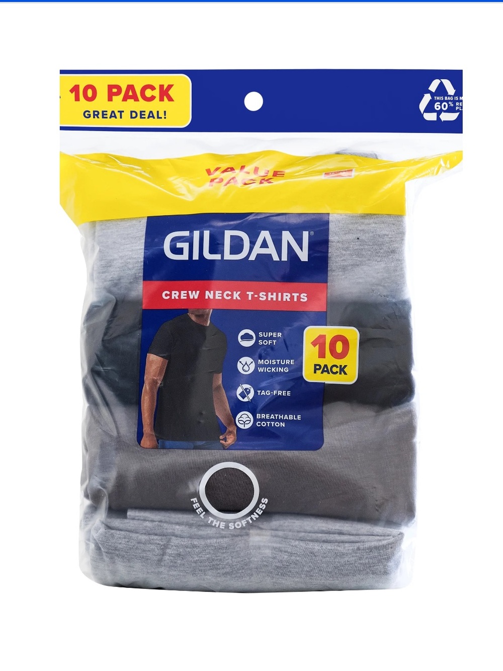 10-Pack Gildan Men's Crewneck Tee Shirt with Short Sleeves Gray & Black Size M